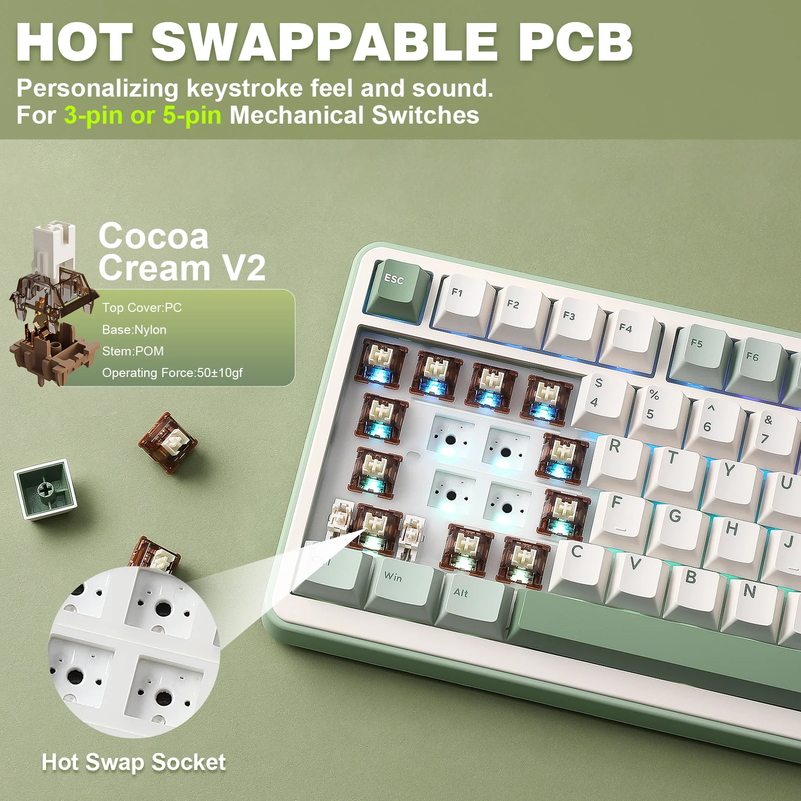 YUNZII B75 Pro Green Wireless Mechanical Keyboard - Image 7