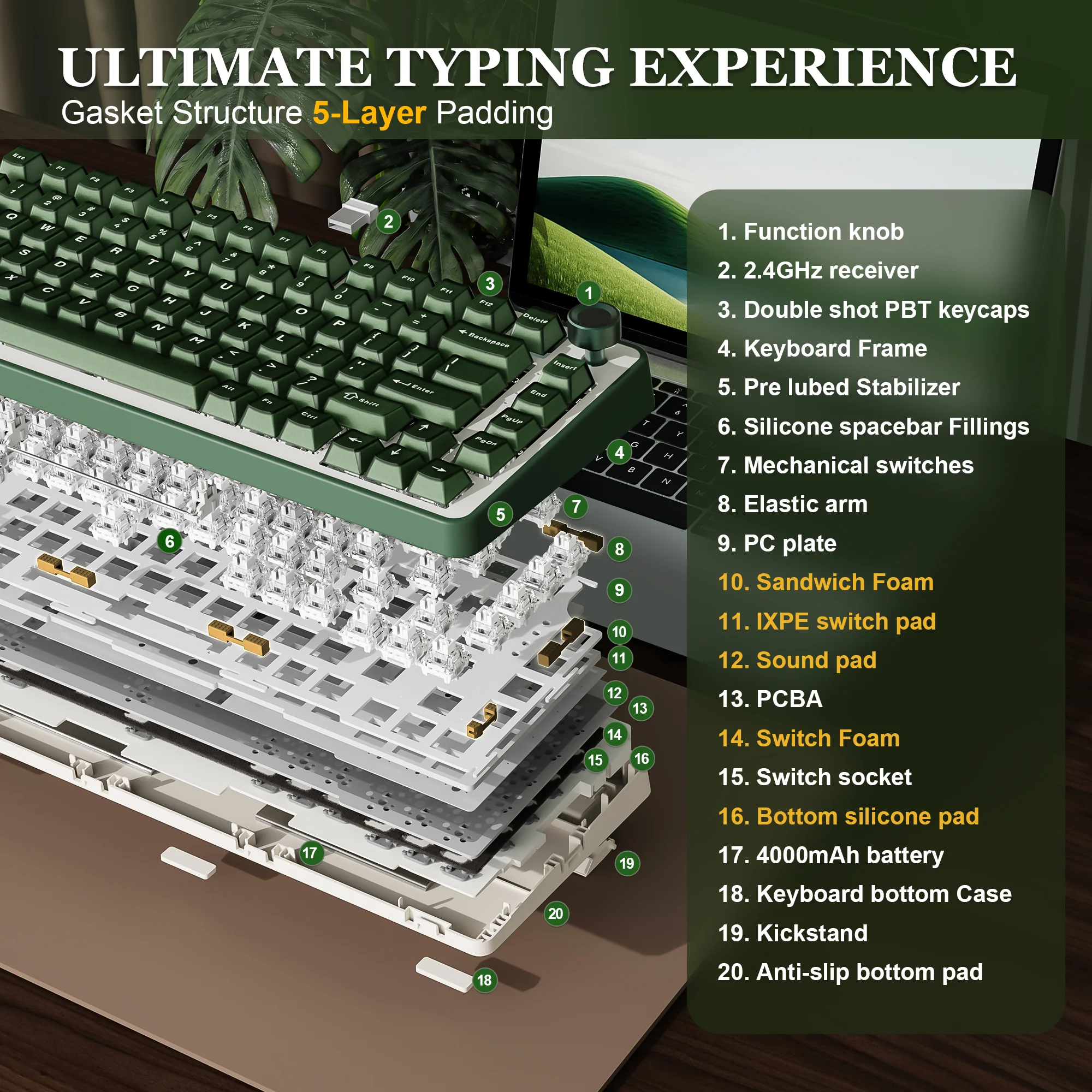 YUNZII B75 Pro Olive Green Wireless Mechanical Keyboard - Image 10