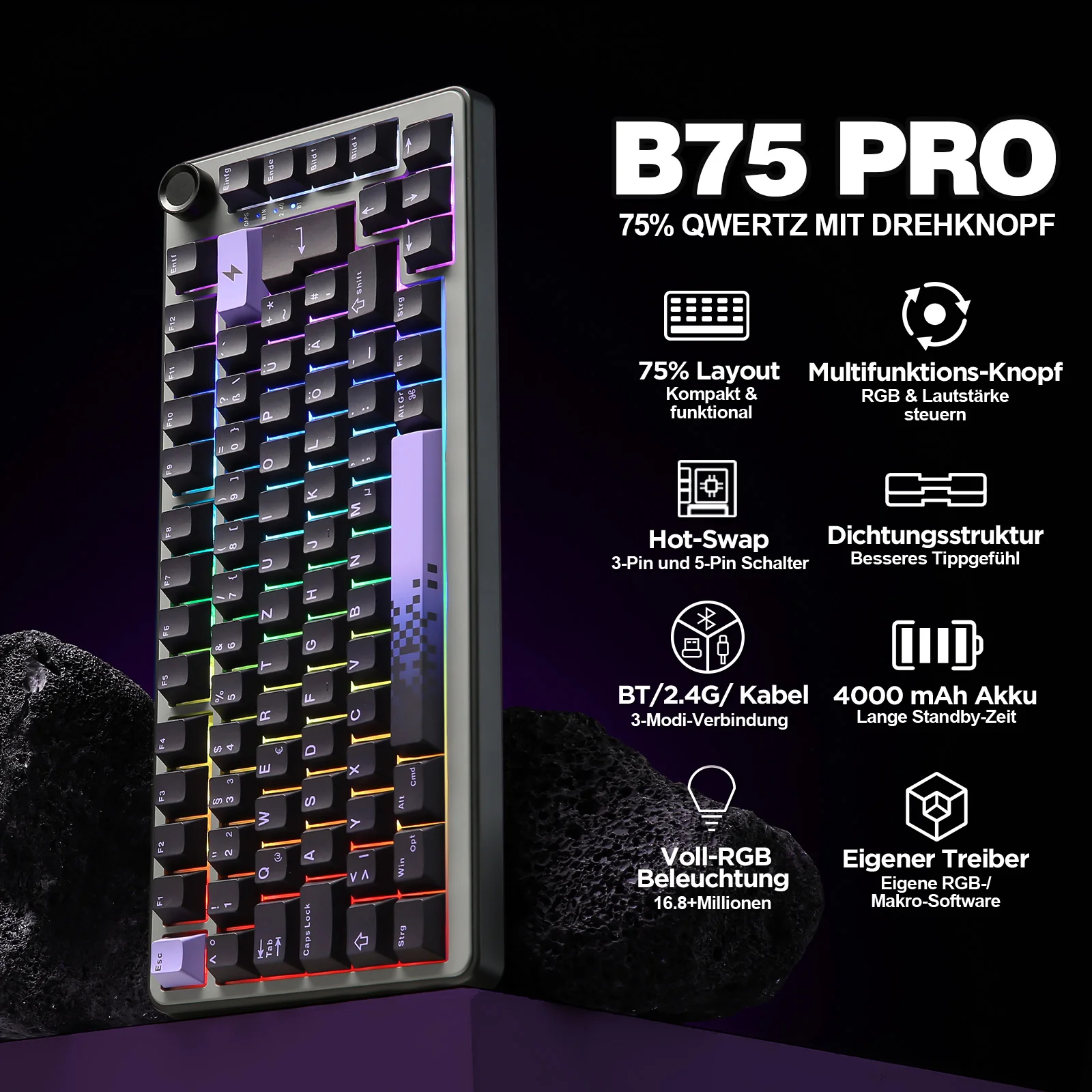 YUNZII B75 Pro Wireless Mechanical Keyboard - ISO Layout - Image 5