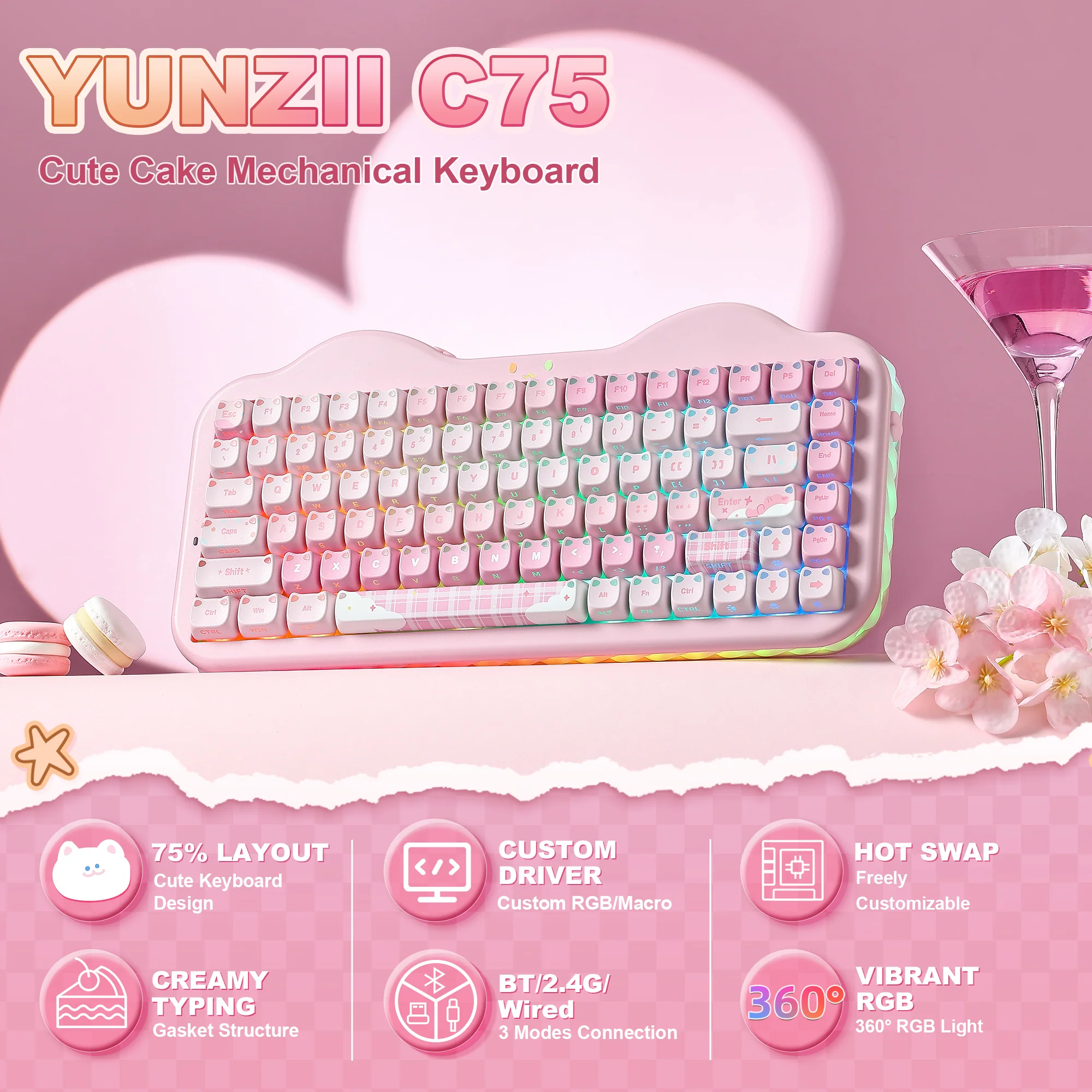 YUNZII C75 MAO Cake Kitten Wireless Mechanical Keyboard - Image 3